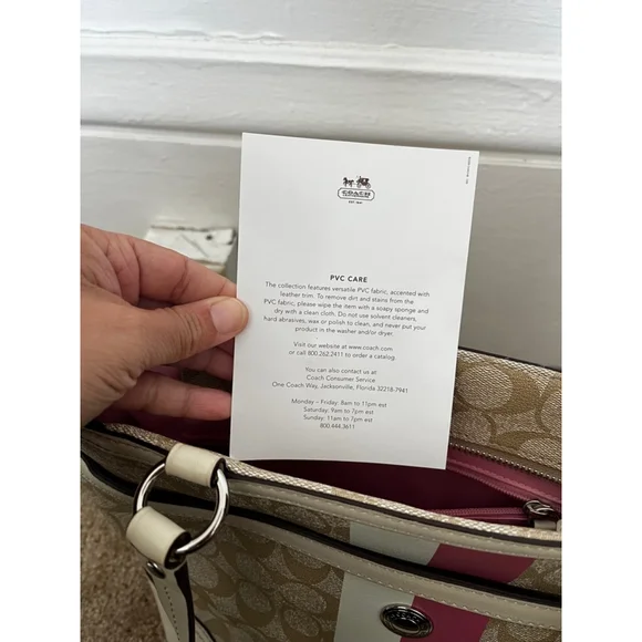 Coach Chelsea Leather Signature Heritage Logo Stripe Pink Beige Tote Bag - Picture 13 of 16